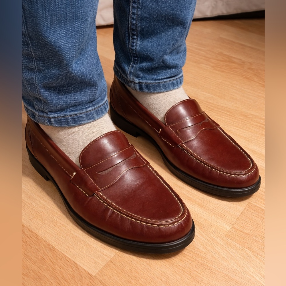French Shriner Brown Leather Penny Loafers – Classic Slip-On Dress Shoes